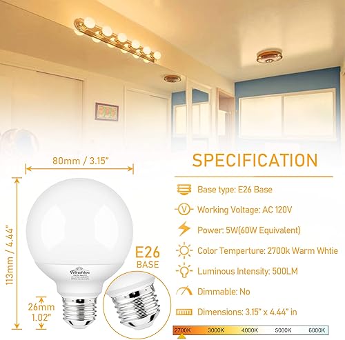 Miniatura 3 de winshine Paquete de 12 bombillas de tocador para baño, 2700 K blanco cálido E26 base redonda LED, equivalente a 60 W, bombilla G25 para espejo de