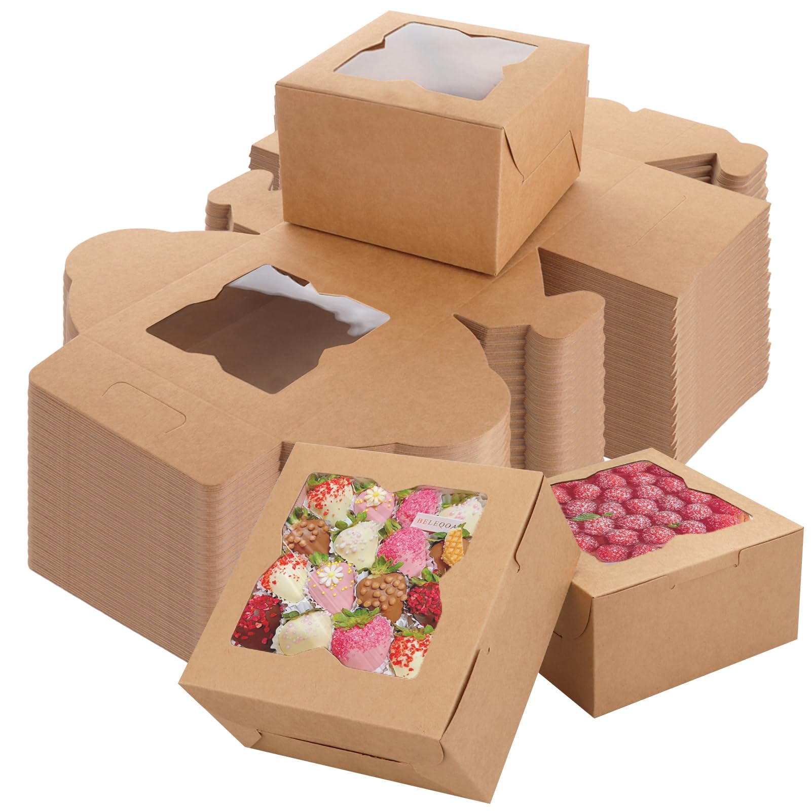CYEER Set di 72 scatole per torte da 15,2 x 15,2 x 7,6 cm, scatole per cupcake per porzioni di torte, scatole in carta kraft marrone con finestra per porzioni di cupcake, biscotti e ciambelle
