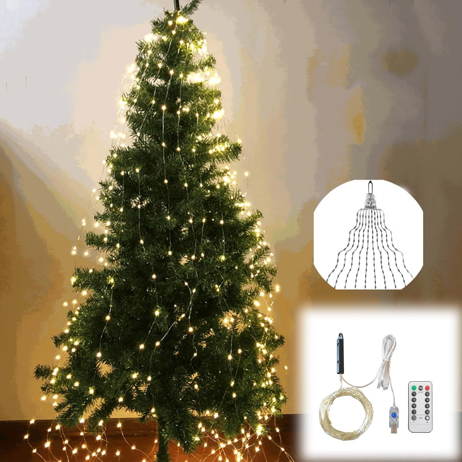 Eznaobo 3M&10Strips&300Led Cascading Twinkle Lights For Christmas Tree,Usb Fairies Lights String,Cascading Tree Twinkle Fairy Lights Warm White Silver Wire,8 Modes,Twinkle Light For Tree ﻿ ﻿ (3M&10Strips&300Led)