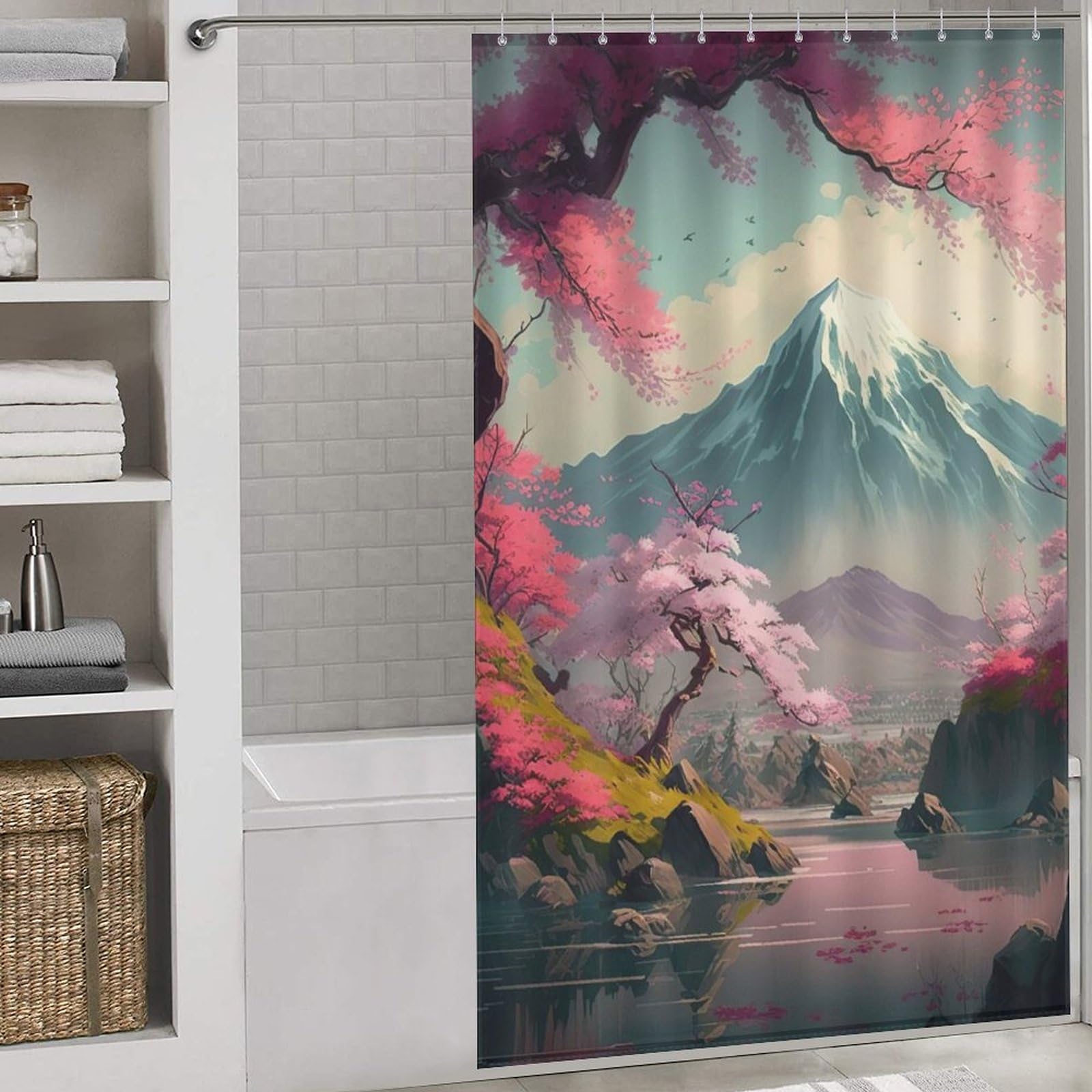 Rideau de douche en tissu haut de gamme imprimé fleurs de cerisier japonais 55x72"