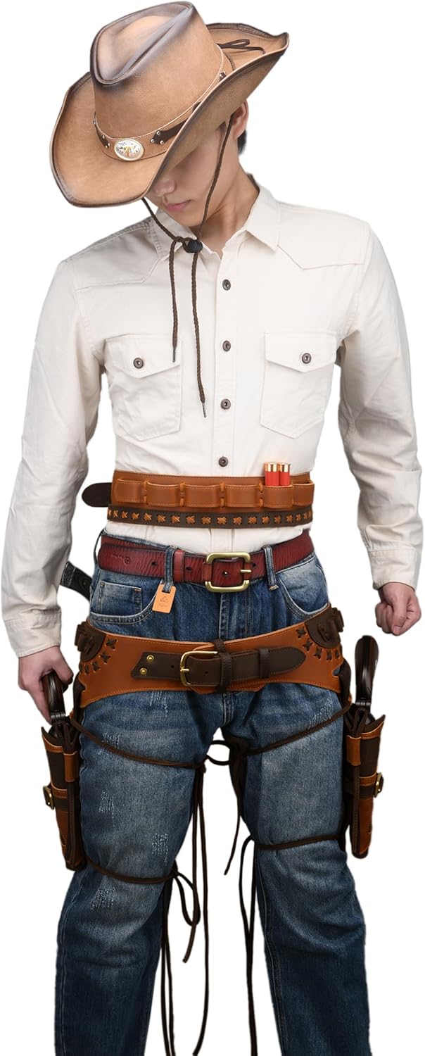 WAYNE'S DOG Western Gun Belt Holster and Dual Hand Leather Revolver Combo Set fit .45-70/.40/.44 Colt, Cowboy Costume