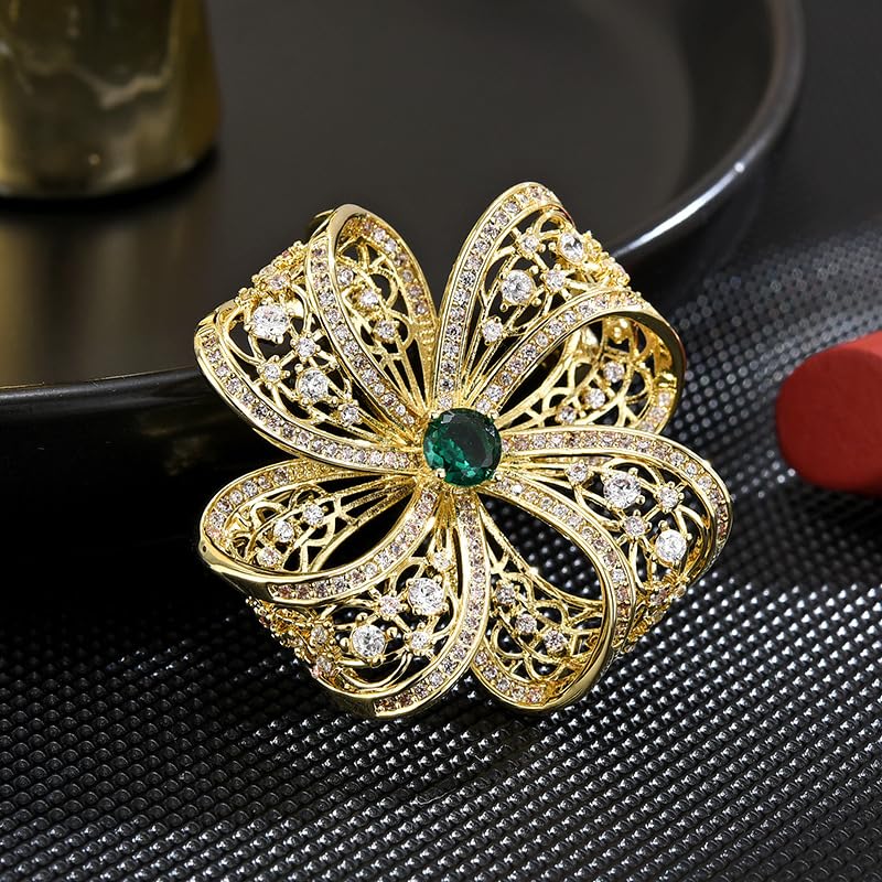 Image of Gold Brooches for Women Ladies Yellow Broach Flower Bow Rhinestone Lapel Pins Blazer Dress Denim Jacket Accessories