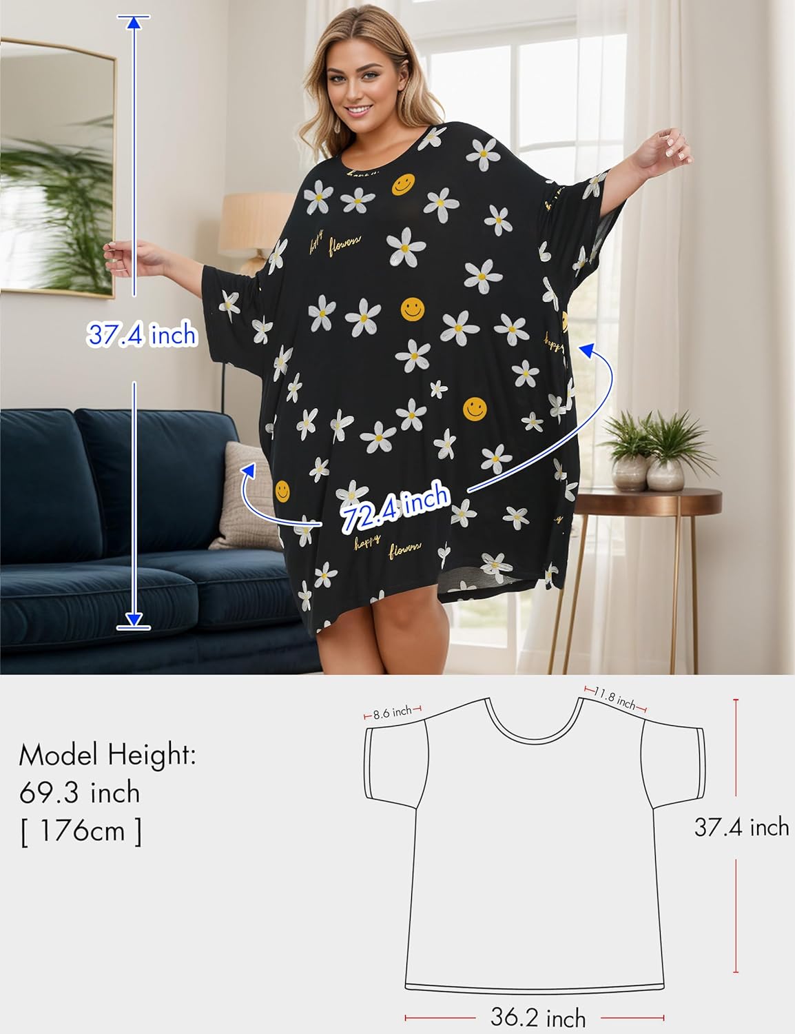 KFUBUO Plus Size Nightgowns for Women Oversized Sleep Tshirts Dress Short Sleeves Sleepwear With Pocket Fit S-5XL - Image 5