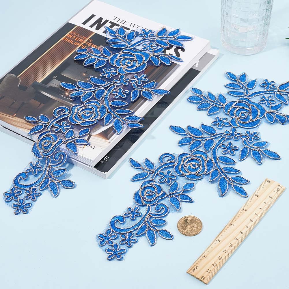 GORGECRAFT 4Pcs Embroidery Lace Appliques Flower Embroidered Patch Gold Metallic Edge Floral Lace Fabric Sew on Appliques for DIY Sewing Crafts Dress Clothing Backpacks Embellishments, Royal Blue