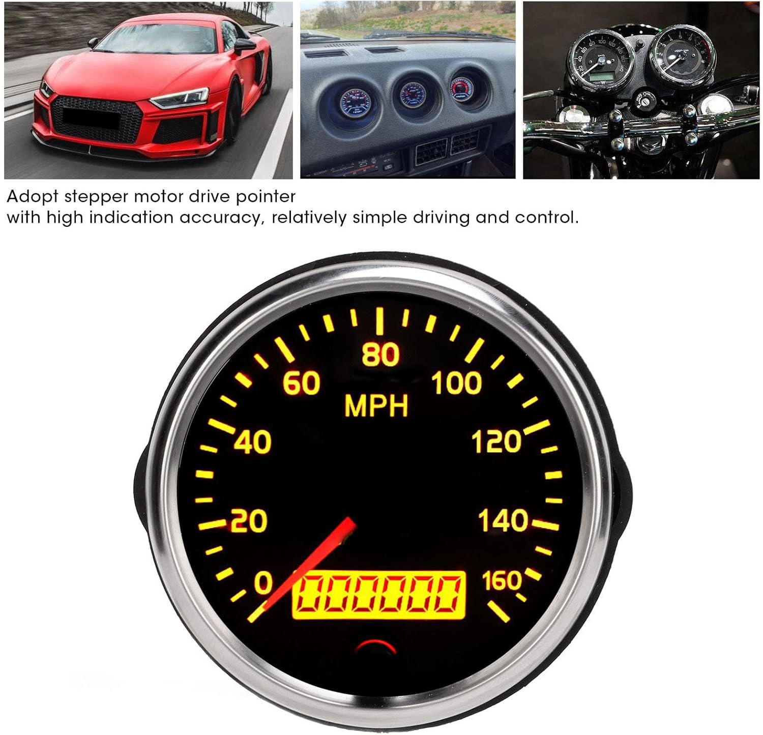 Acouto 85mm Speedometer 3.3in 12V/24V 0‑160MPH Speedometer Speed Gauge LCD Display with White Amber Backlight for Car Truck Boat