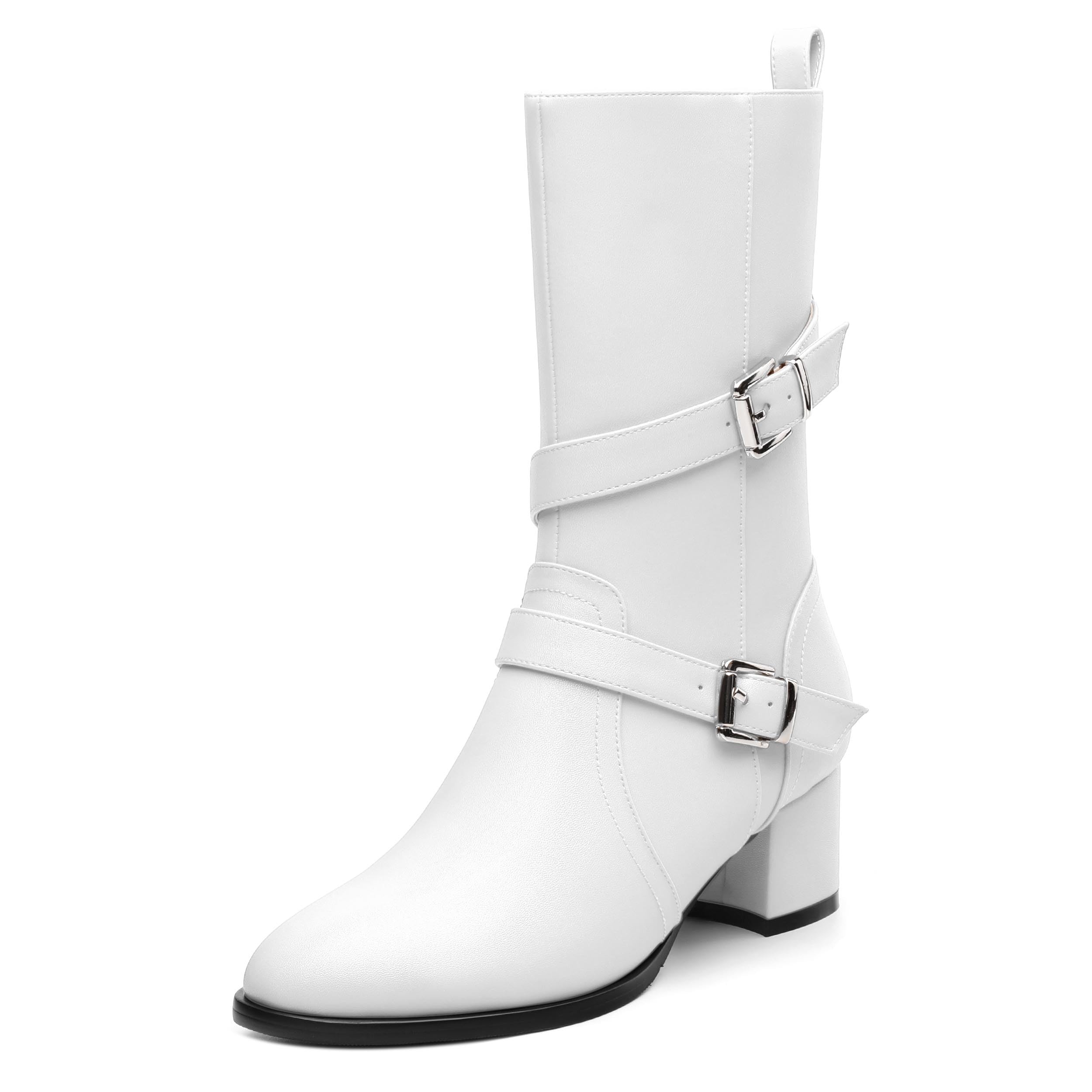 Womens Mid Calf Round Toe Bootie Side Zip Fashion Ankle Strap Buckle Low Heels Solid Matte Mid Calf