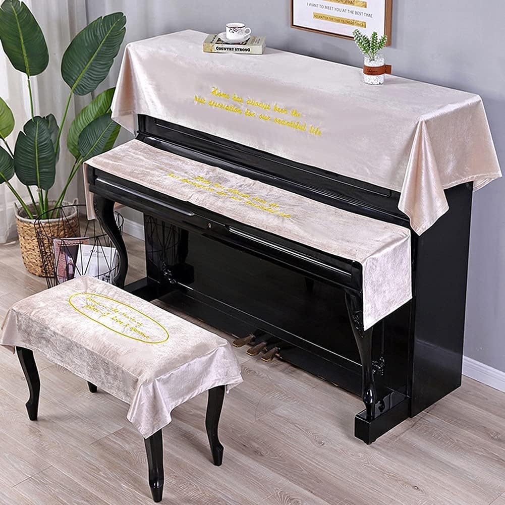Upright Piano Cover Set Fashion Dustproofing Cover Piano Cover Upright Top Cover Electronic Piano Keyboard Cover Chair Cover, Fashionable Embroidery Thick Dus(Beige-Double Cover