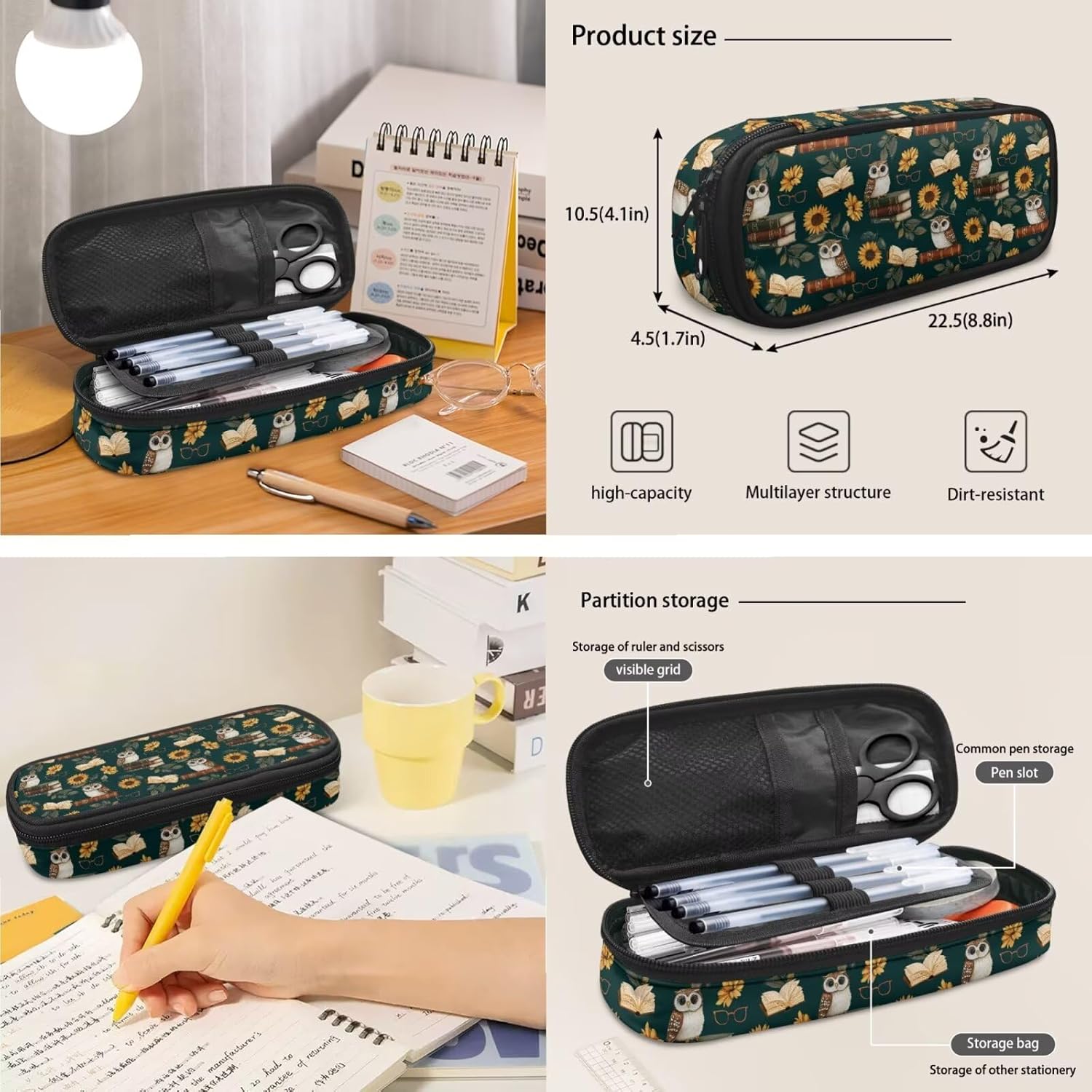 Owl Backpack for School Teens Girls 12-14 Sunflower Insulated Lunch Bag for Kids 4 in 1 Personalized Print Pencil Case with Slots Lightweight Water Bottle Cover Sleeve