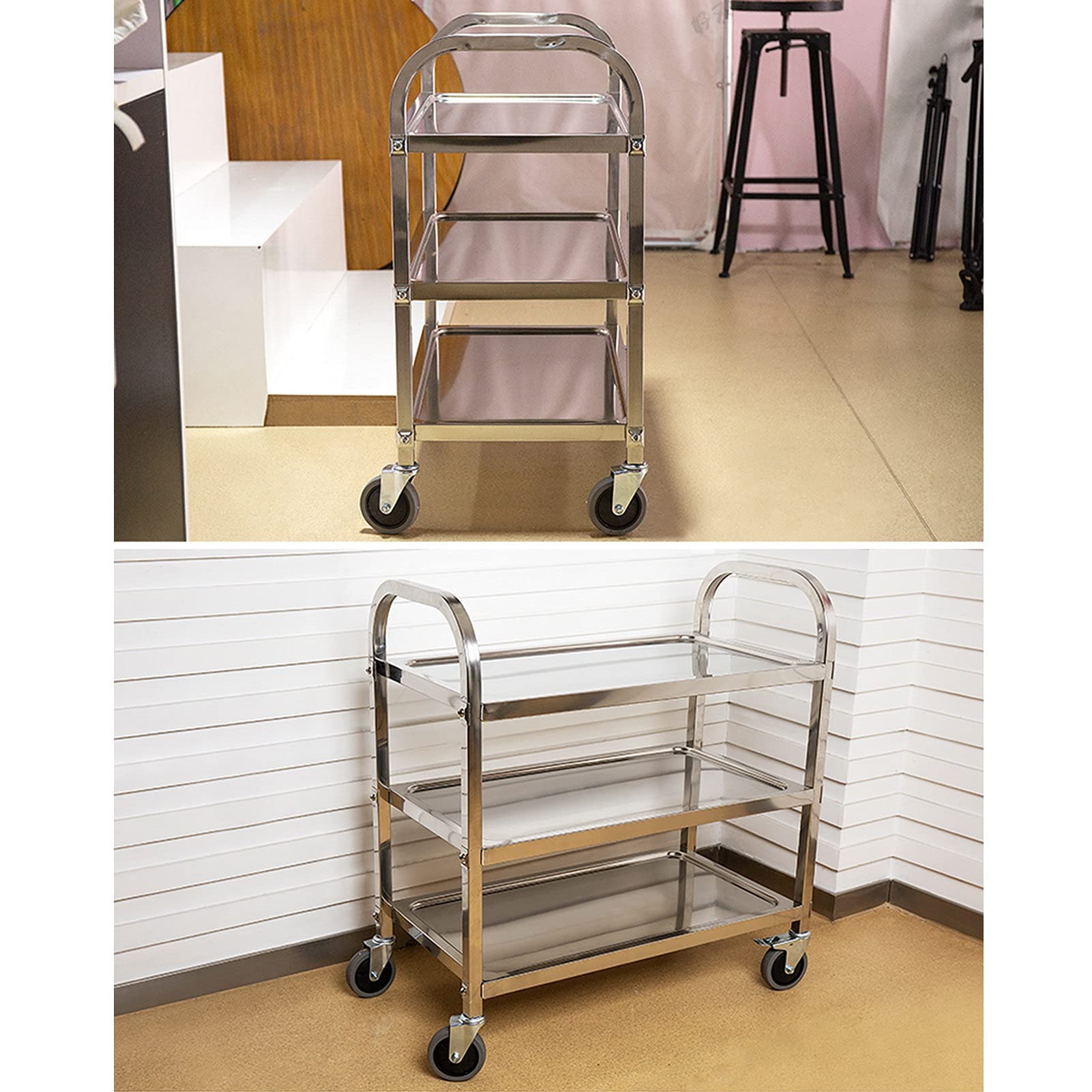 3-poziomowy wózek do serwowania ze stali nierdzewnej z zamykanymi kółkami, zdejmowana konstrukcja, do kuchni, hotelu, restauracji, użytku domowego, 95 x 50 cm