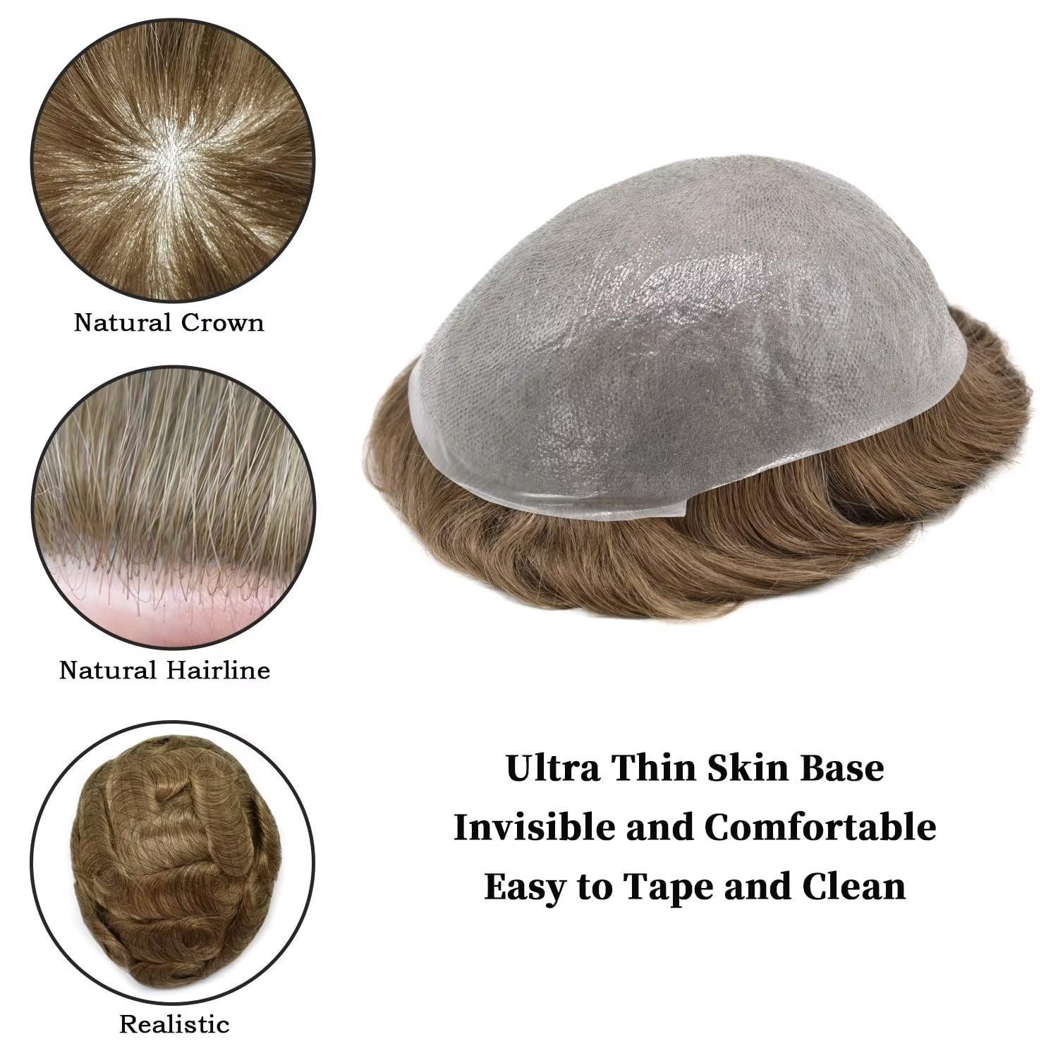 Toupee For Men Hair Replacement System Ultra Thin Skin Mens Toupee Human Hair Piece All V-looped 0.06mm PU Invisible Hairpiece For Men Short Wigs 7"x9"#17 Dark Ash Blonde