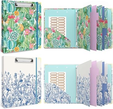3 Ring Binder 1 Inch, Cute Round Ring Binders with 6 Tab Dividers, Labels Stickers, Low Profile Clipboard with Storage, Fashion Binder School Office SuppliesCactus Flowers+Vintage Blue Florals