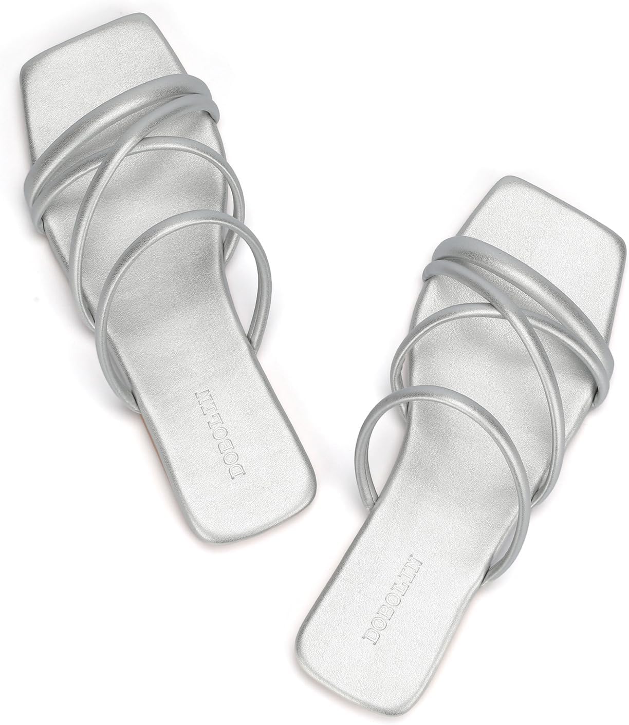 Women's Wide Width Strappy Flat Sandals Dressy Squared Open Toe Slide Sandals Comfortable Trendy Summer Sandals 2024 7.5 Wide Silver