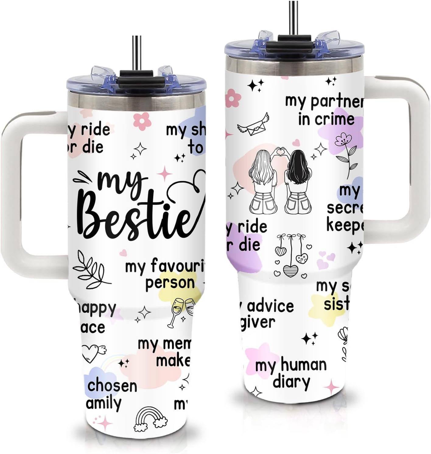 Bestie Gifts for Women Friendship - Best Friend Tumbler 40oz with Handle and Straws, Leak-proof, Stainless Steel Insulated Coffee Mugs for BFF Soul Sister Work Bestie Cups, Gifts for Female Birthday