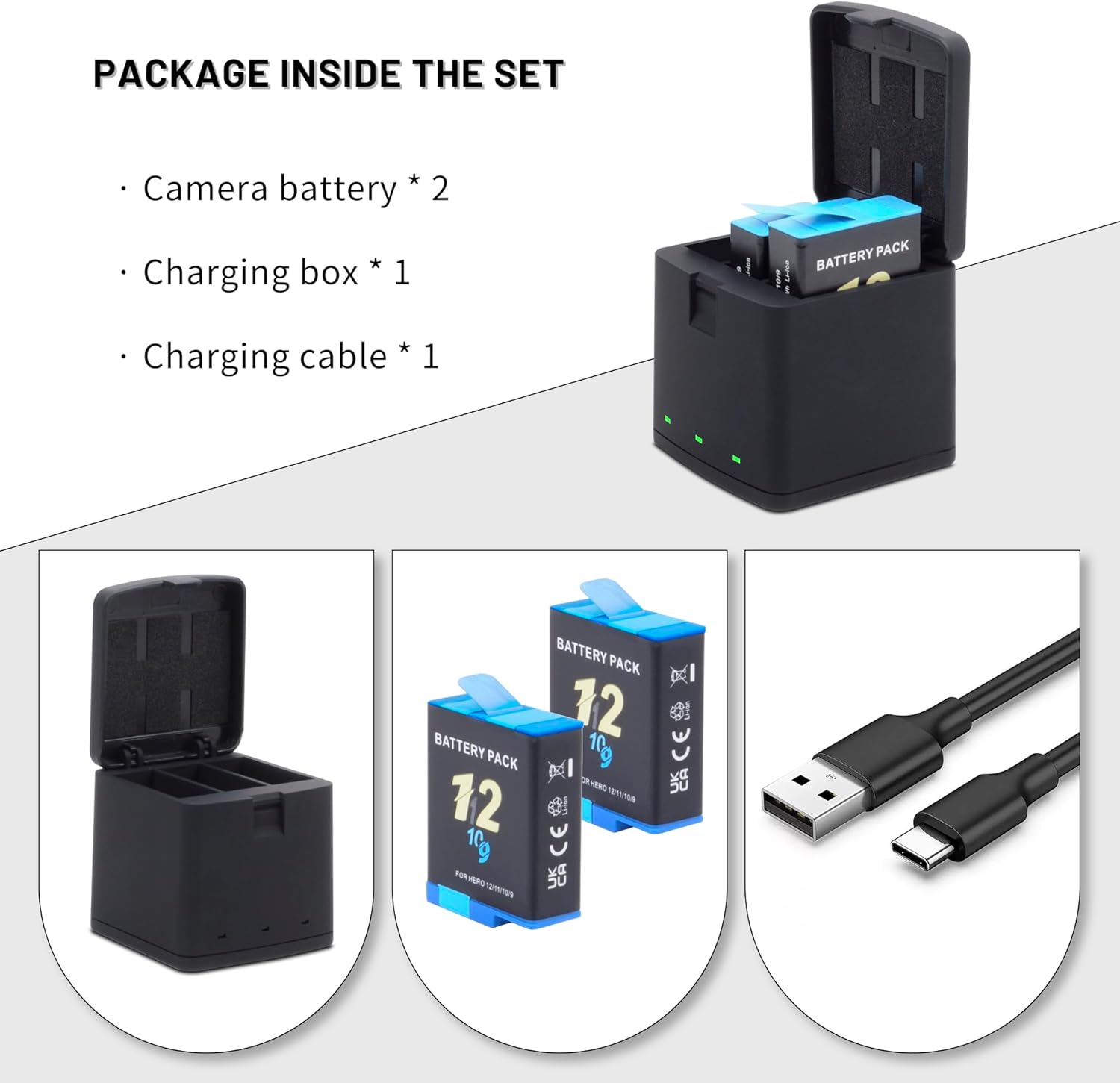 2-Pack Hero 12/11/10/9 Batteries with 3 Channel Battery Charging Station Power Fast Portable Accessory Fully Compatible with Hero 12, Hero 11, Hero 10, Hero 9 Black Sport Action Camera 2000mAh - Image 4