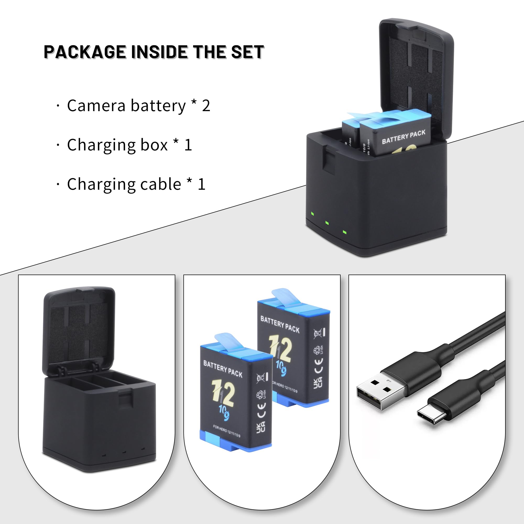 Amazon.com: 2-Pack Hero 12 11 10 9 Batteries Type-C 3 Channel