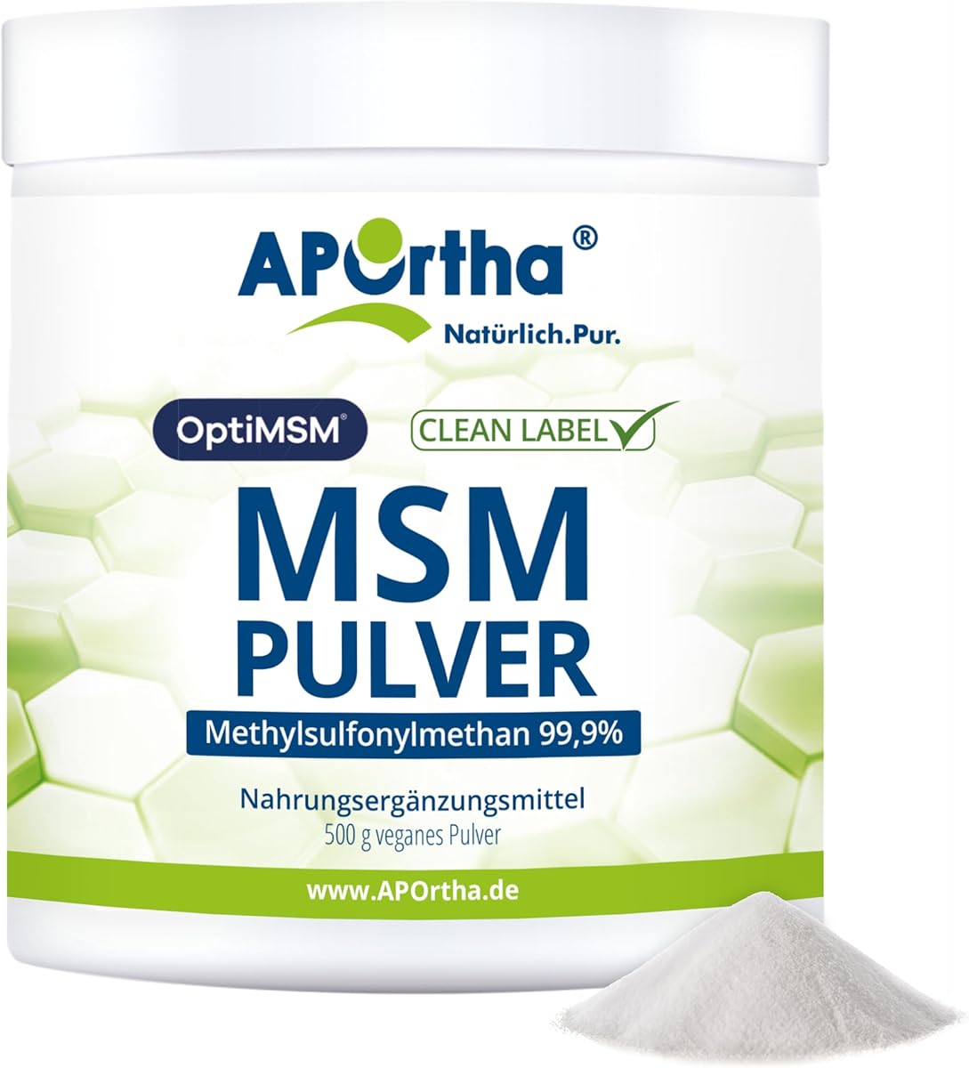 APOrtha® OptiMSM® MSM Pulver, 500g veganes Pulver, 99,9% reines Methylsulfonylmethan ohne jegliche Zusätze, 1.000 mg OptiMSM® MSM pro Portion, vegan, glutenfrei, lactosefrei, allergenfrei
