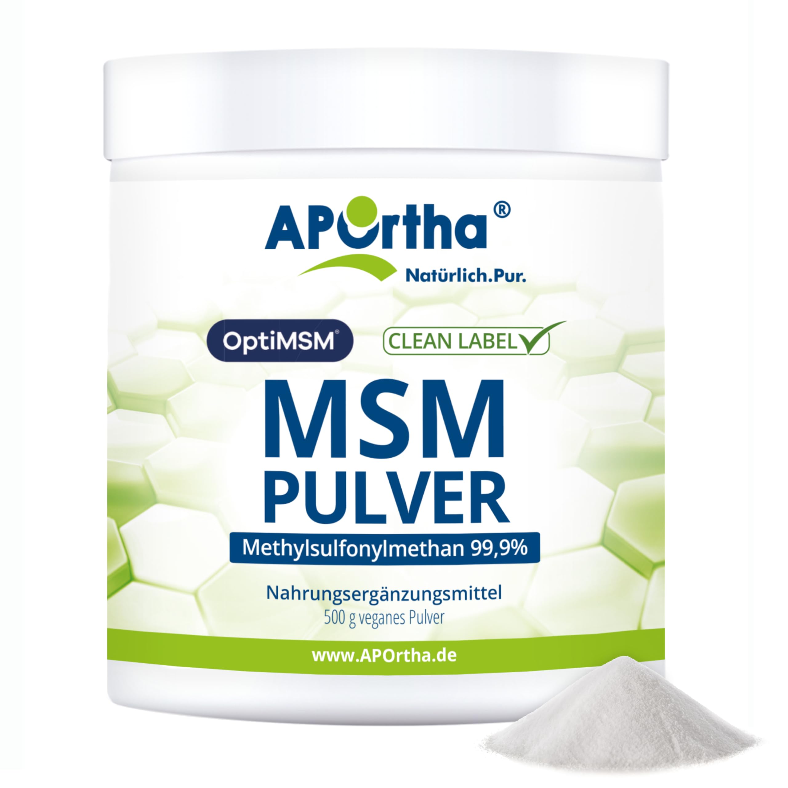 APOrtha® OptiMSM® MSM Pulver, 500g veganes Pulver, 99,9% reines Methylsulfonylmethan ohne jegliche Zusätze, 1.000 mg OptiMSM® MSM pro Portion, vegan, glutenfrei, lactosefrei, allergenfrei