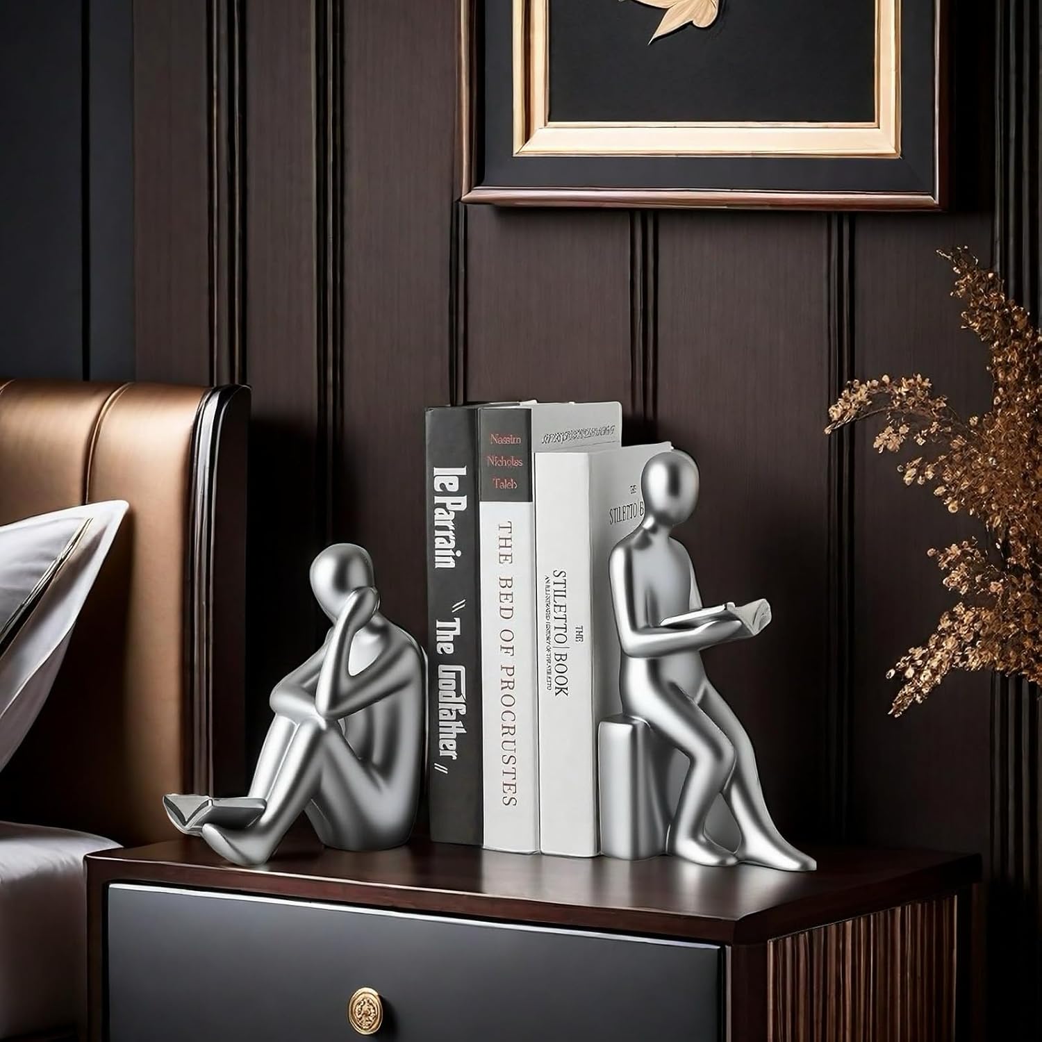 Home Decorative Reading Book Statue Bookends Elegant Resin Bookshelf Room Office Desk Decor,Paper Weights, Book Ends,Bookend Supports, Book Stoppers, Set of 2 (Silver)