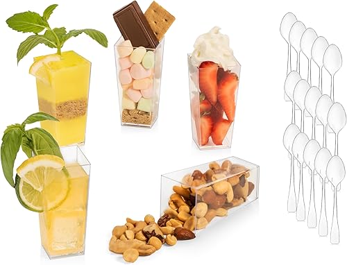 Miniatura 2 de LSR LORESO Paquete de 96 mini tazas de postre de 3 onzas con cucharas, taza de plástico transparente y alto cuadrado de 3 onzas, taza de plástico
