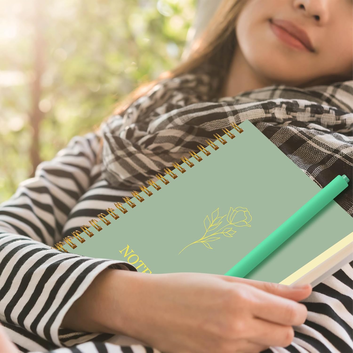 Gueevin 5 Pcs Spiral Notebook with 5 Pcs Ballpoint Pens A5 Cute College Ruled 160 Pages/ 80 Aesthetic Notebook for Work Students School Office Supplies(Sage Green,Notebook)