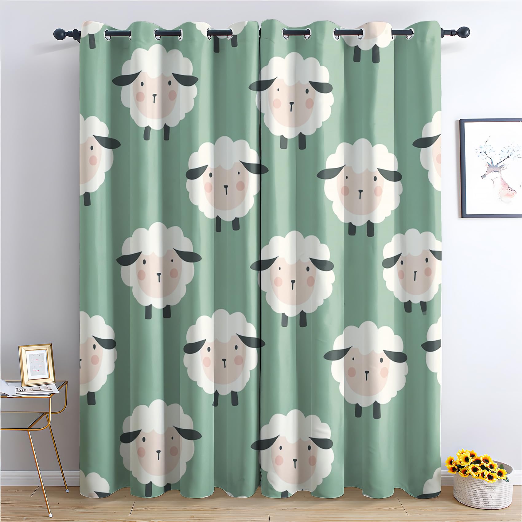 Sheep Curtains for Bedroom Living Room - Kids Cartoon Cute Animal Blackout Curtains 66 x 54 Inch (Width x Drop), Thermal Insulated Eyelet Curtains & Drapes, Patterned Window Treatments X-&292
