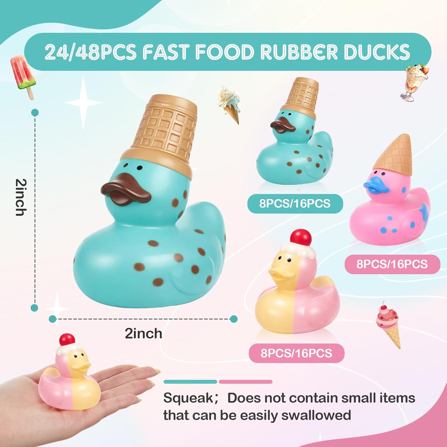 Deekin 48 Pcs Rubber Ducks Bulk 2 Inches Party Favors Assortment Rubber Duckies for Pool Party Decorations Cruise Ships Supplies (Ice Cream)