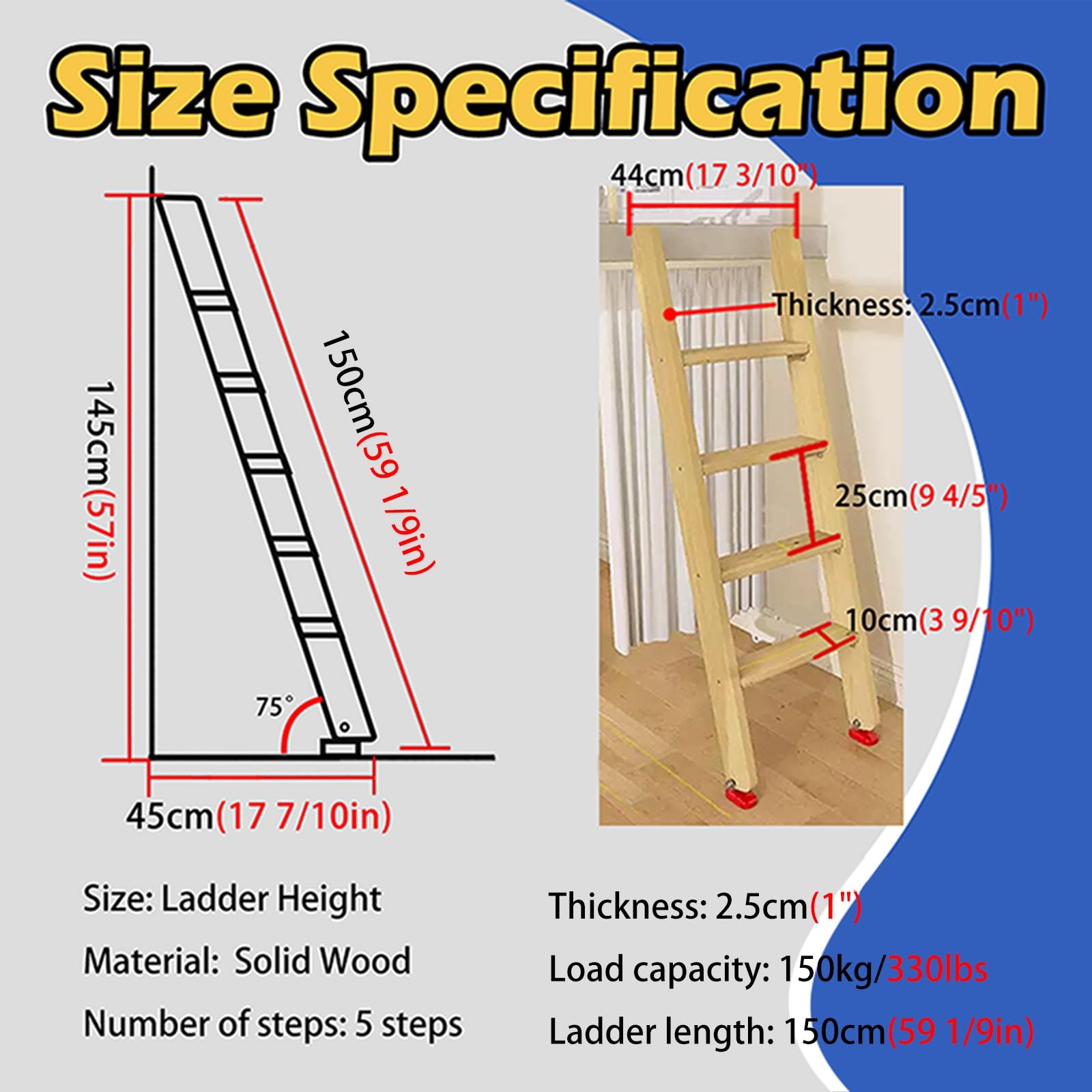 Escalera de cama de madera de 5 peldaños con patas antideslizantes, escalones comerciales para literas para hoteles y apartamentos, ideal para exteriores (150 cm)