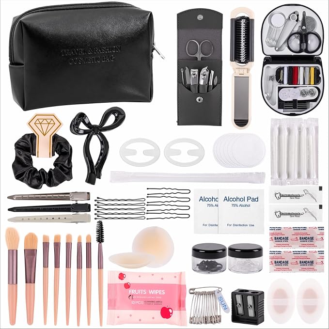 Bridal Emergency Kit for Wedding Day, Wedding Essentials Survival Set for Team Bride, Must-Have 50pcs Essentials Travel Kit with Makeup Bag(Sliver)