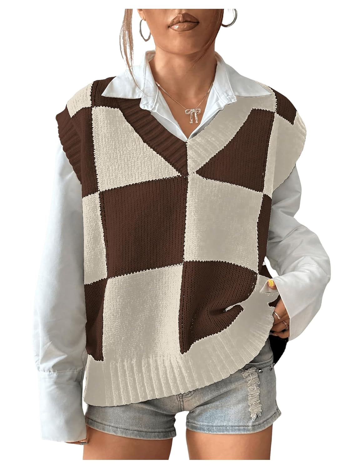Verdusa Womens Checkered Sweater Vest Old Money Knit Tops 2025 Fall Trendy Cap Sleeve Sweater Vest
