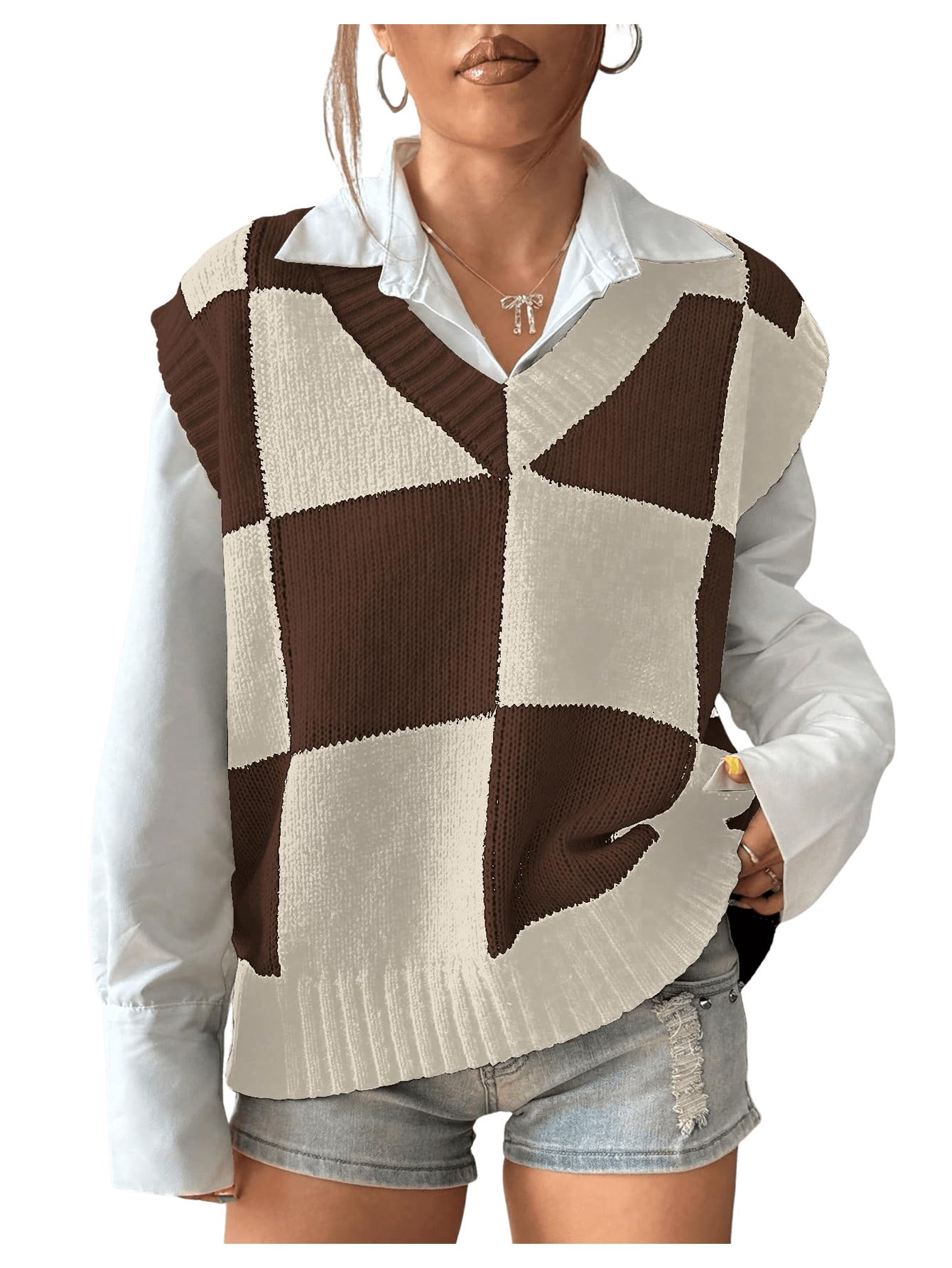 Verdusa Womens Checkered Sweater Vest Old Money Knit Tops 2025 Fall Trendy Cap Sleeve Sweater Vest