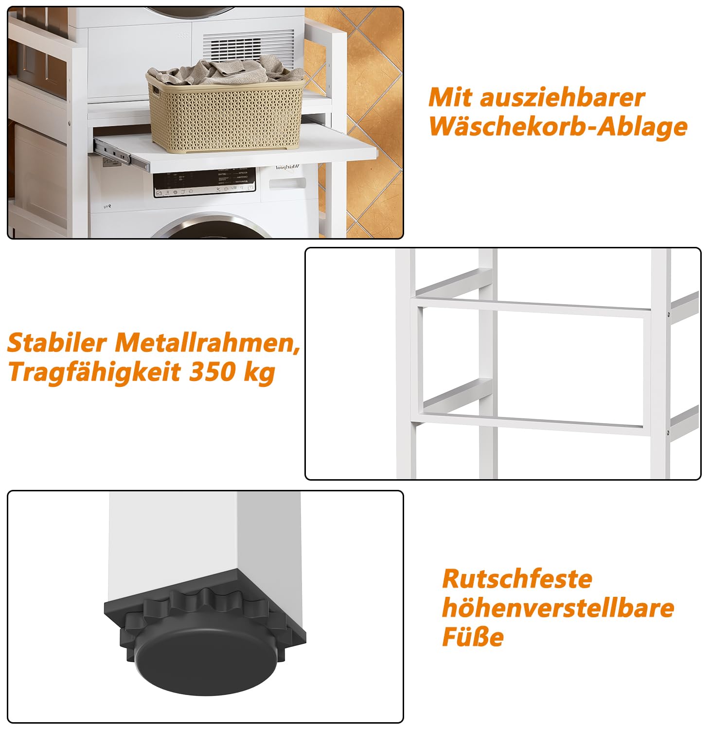 MSFE Estantería Lavadora con Tablero de Estante, Soporte de Altura Ajustable para Secadora,Universal Kit de Soporte Secadora sobre Lavadora, Capacidad de Carga 350kg,73*64*115cm,Producto Patentado