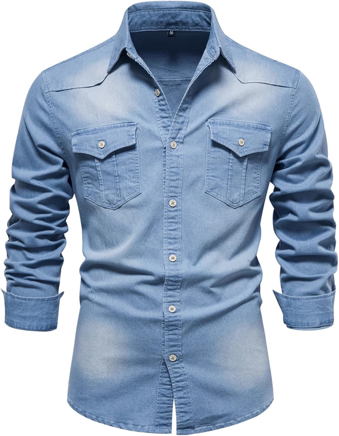 Kissonic Mens Denim Shirt Long Sleeve Slim Fit Jean Shirt for Men Button Down Causal Striped Denim Shirts