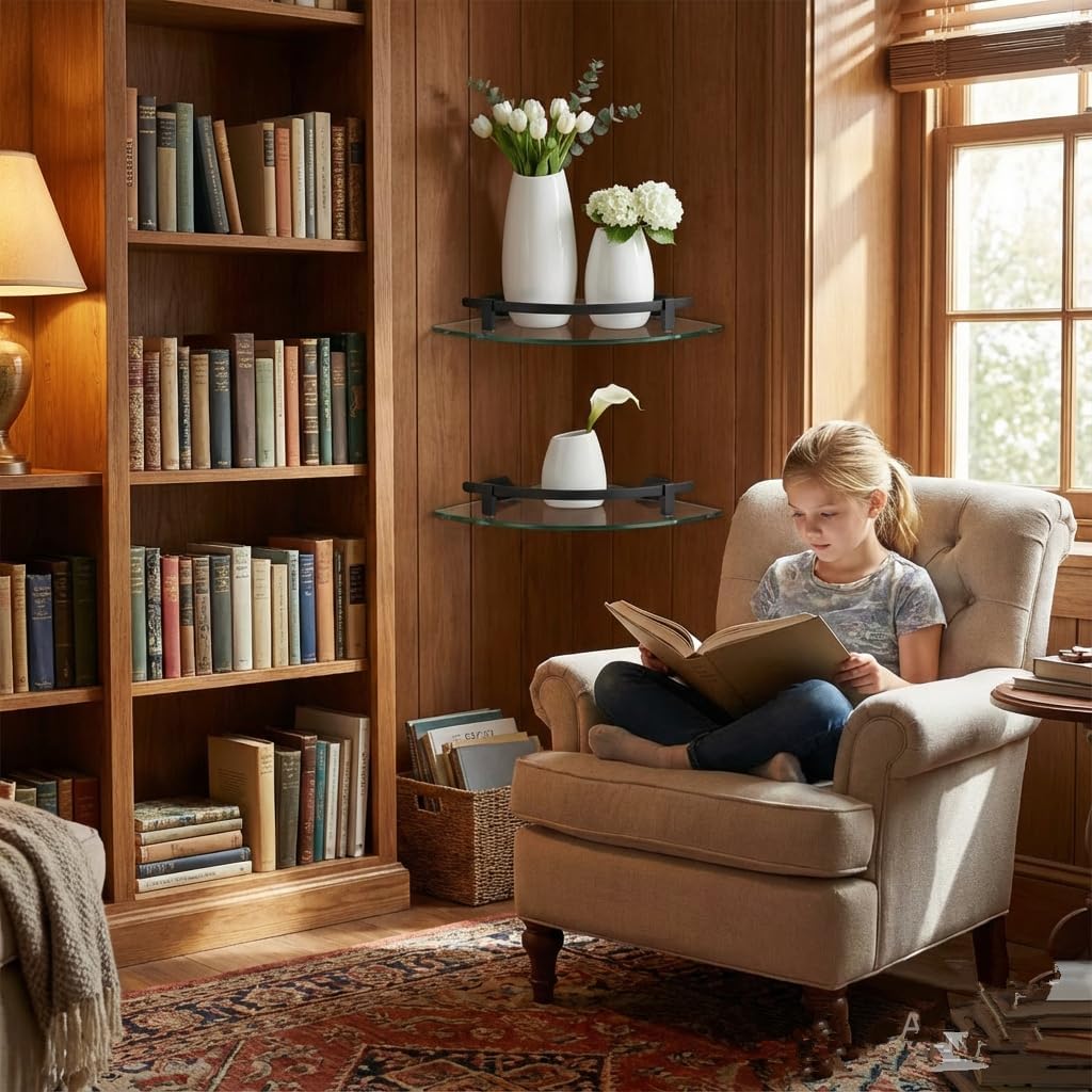 Glass Corner Shelves, 2-Pack Heavy Duty Tempered Glass Bathroom Shelf Wall Mounted with Aluminum Brackets Floating Organizer for Shampoo Soap Drilling Installation (20 lbs Capacity)