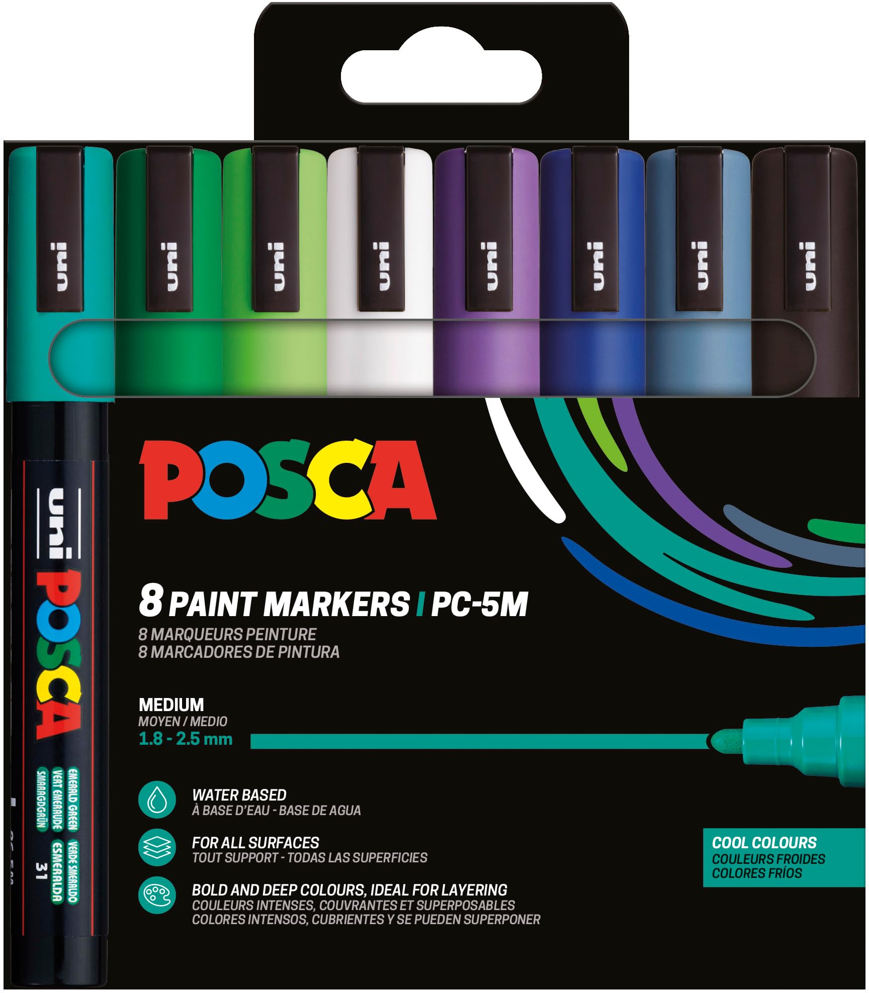 Posca 182554 - Set of 8 PC-5M Acrylic Pens - Permanent Marker with Round Tip 1.8-2.5 mm