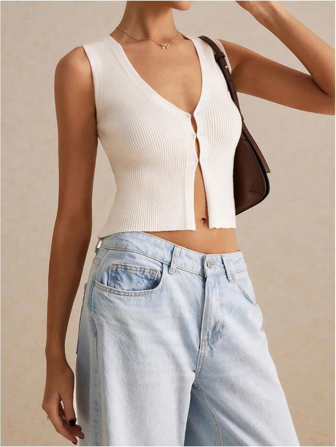 GORGLITTER Women's Knit Top V Neck Sleeveless Button Down Sweater Vest - Image 3