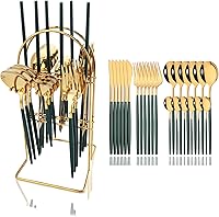Vista 25 de JASHII Juego de cubiertos de 24 piezas con tenedores y cucharas con soporte, juego de cubiertos de metal de titanio negro y chapado en oro, acero