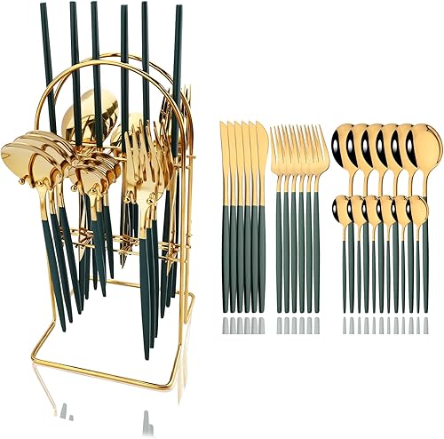 Miniatura 25 de JASHII Juego de cubiertos de 24 piezas con tenedores y cucharas con soporte, juego de cubiertos de metal de titanio negro y chapado en oro, acero