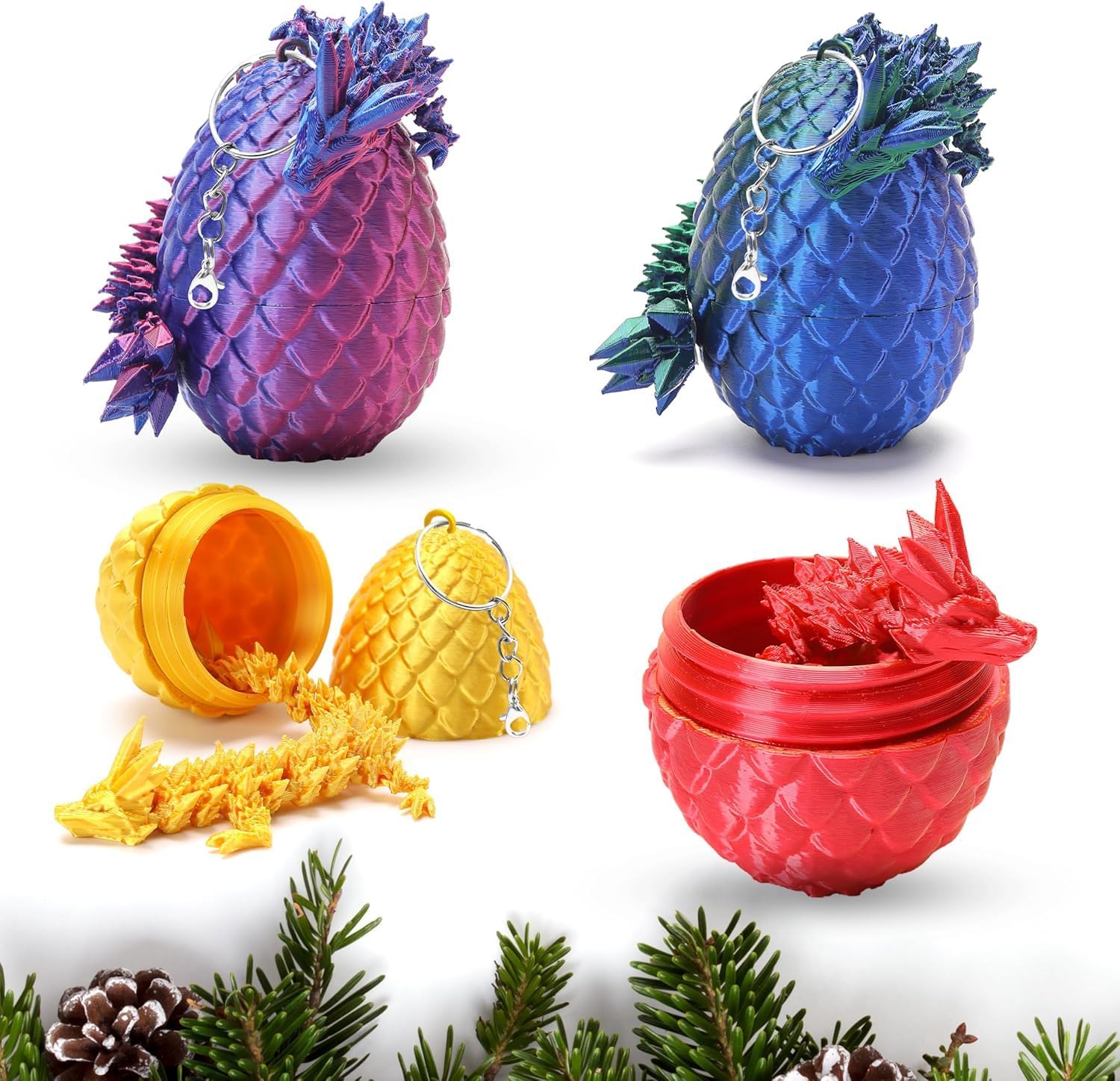 Mini 3D Printed Dragon Eggs with Dragon Inside, Articulated Crystal Dragons 3D Printed Animals Easter Egg Fillers, Easter Basket Stuffers Christmas Fidget Toys Gifts for Kids (4pcs-withkeychain)