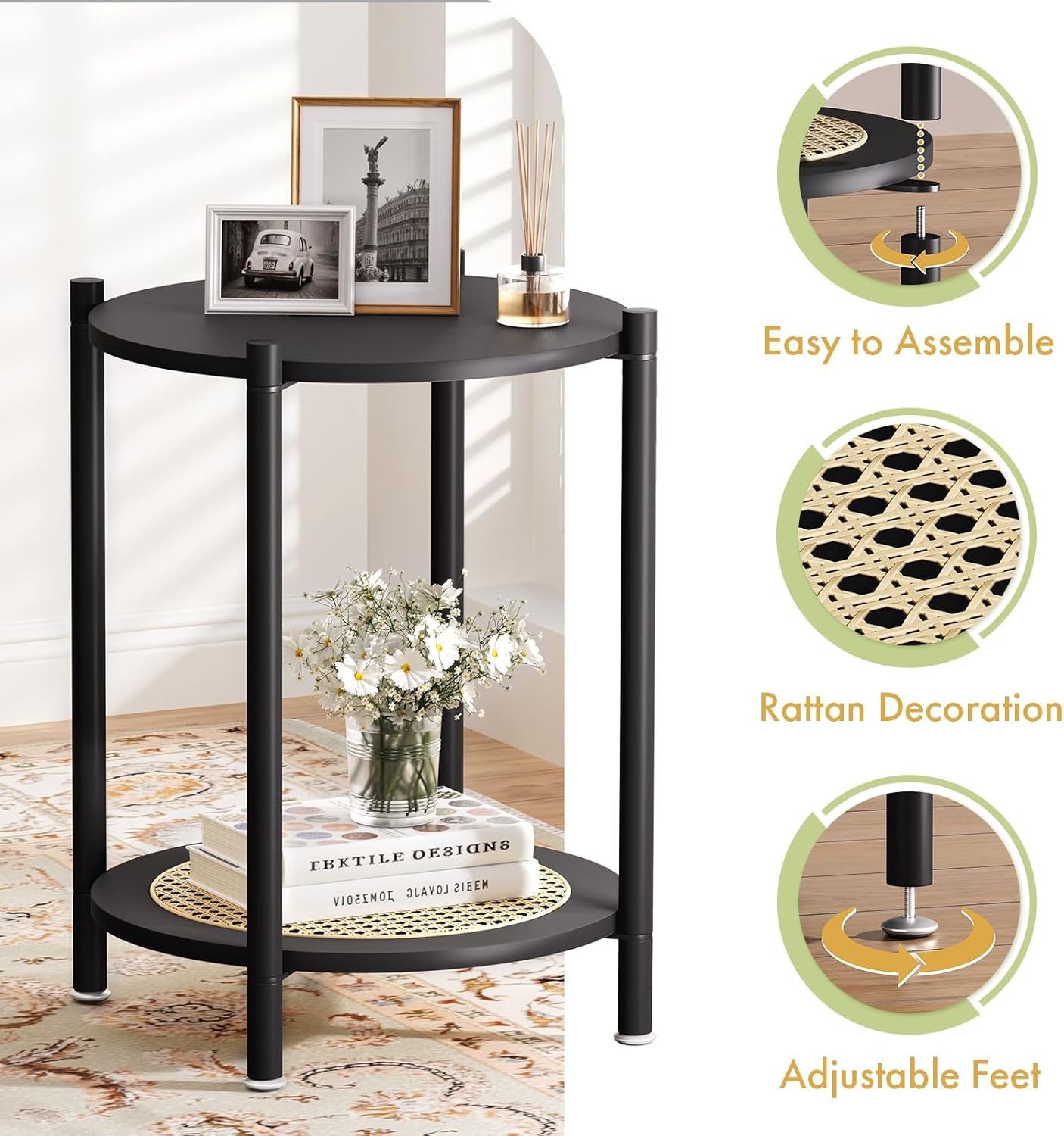 Side Table, End Table Small Round Table Sofa Bedside Table Mini Coffee Accent Table, Farmhouse Wood End Table Stand, Nightstand for Small Spaces, Living Room, Bedroom, Office, Black
