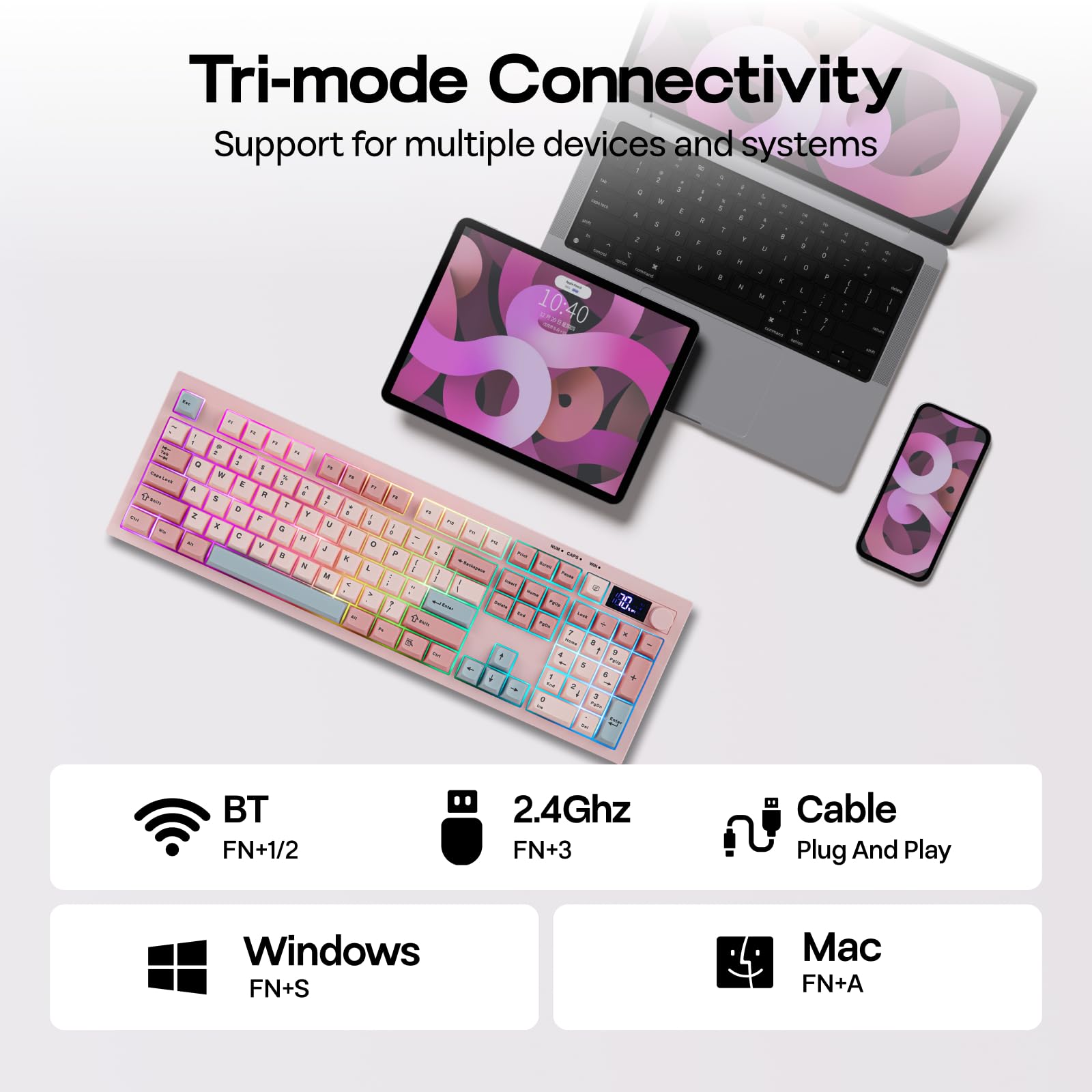 EPOMAKER Aula S102 Pro Teclado Silencioso para Juegos de Membrana con Pantalla TFT, Control de Volumen&Teclado Numérico, BT/2.4G/USB, RGB, Estructura de Silicona Suave, para Gaming/Oficina (Rosado)