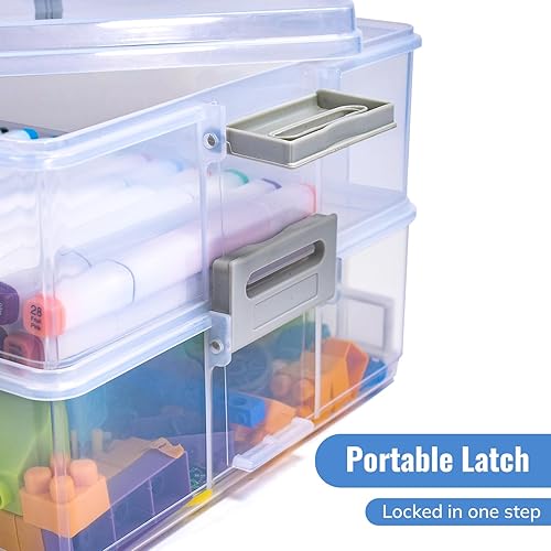 Miniatura 7 de AZAZA Caja de almacenamiento de plástico de 2 capas con tapa y asa, caja de archivos transparente portátil para organizar fotos, papel A4,