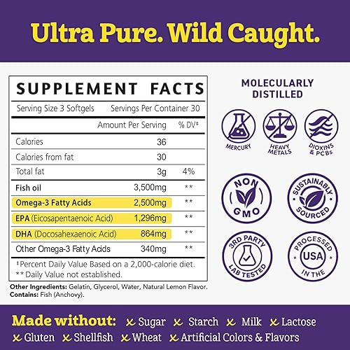 Miniatura 5 de Aceite de pescado omega-3, 3500 mg, alto EPA y DHA - Sin sabor a pescado, fácil de tragar, sin eructos, limón natural - Apoya la salud del corazón,