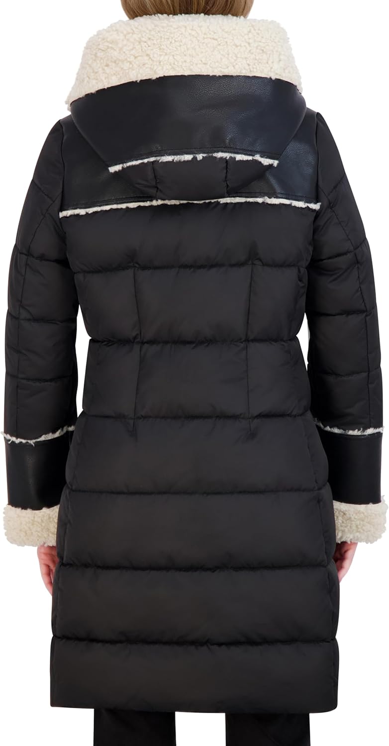 TAHARI Women's Fitted Quilted Puffer Coat With Attached Hood, Faux Shearling Trim & Hand Warmer Pockets