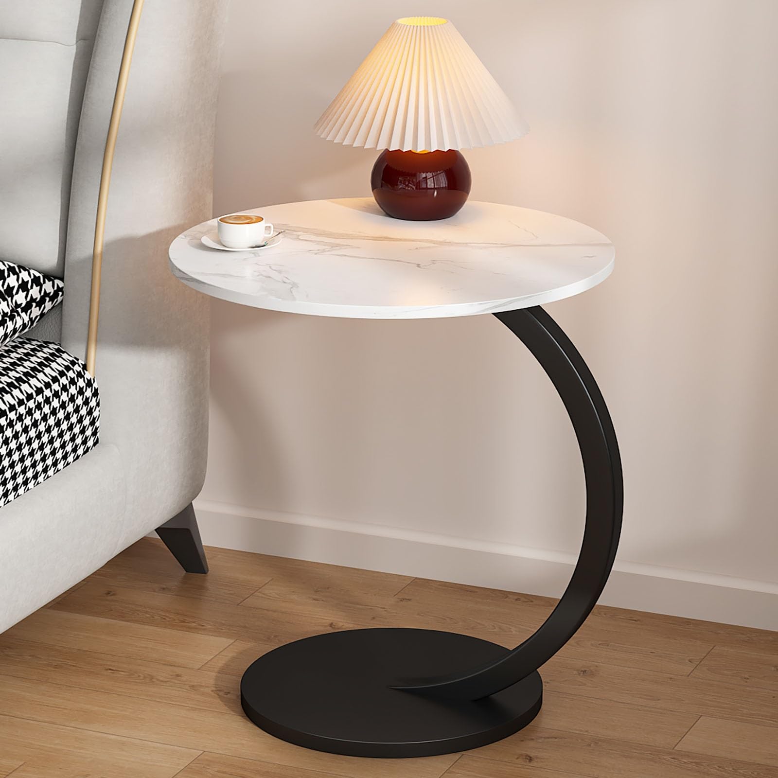 Kaverno C Shaped Sofa Side Table, Round Side Table, Laptop Bed Table, End Table, Bedside Table, Vintage Coffee Table, End Tables for Office, Accent Table Office(Marble White black)