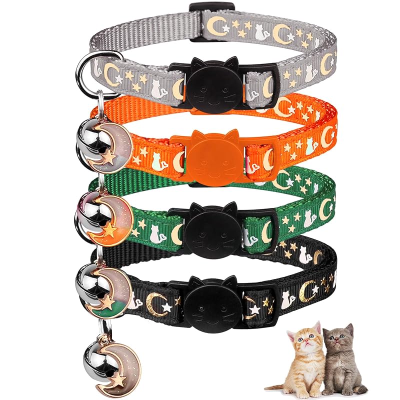 Coleira para gatos com sino, fecho de liberação sob pressão e nylon Baeuppit, Preto, Cinza, Verde-escuro e Laranja, 17,5–27,2 cm, Pacote com 4