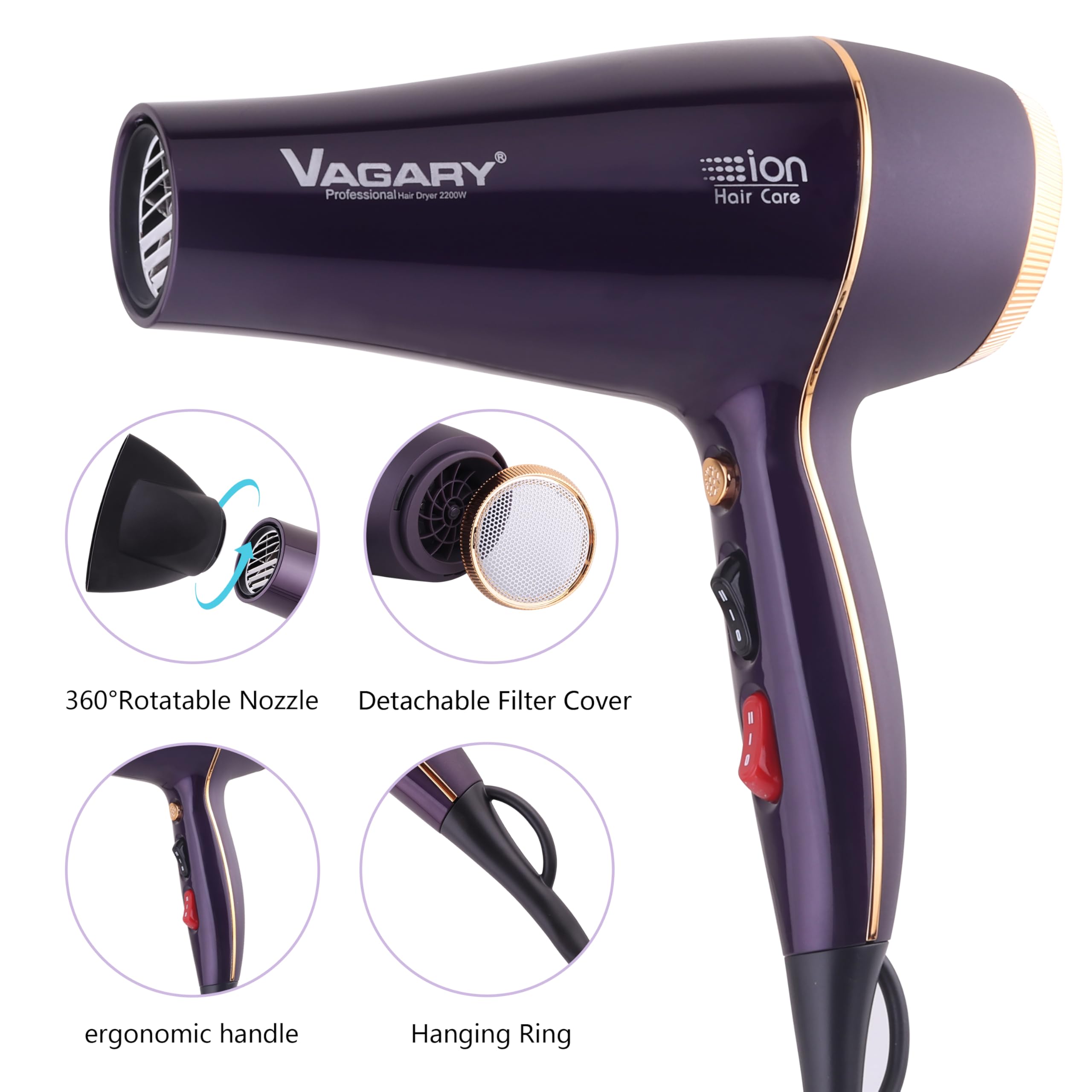 Secador de pelo 6690A Salon Pro para mujer, potente motor de CA de 2200 W, secado rápido, secador iónico para cabello grueso, 2 velocidades y 2 ajustes de calor, 1 botón de tiro frío (1 difusor 5