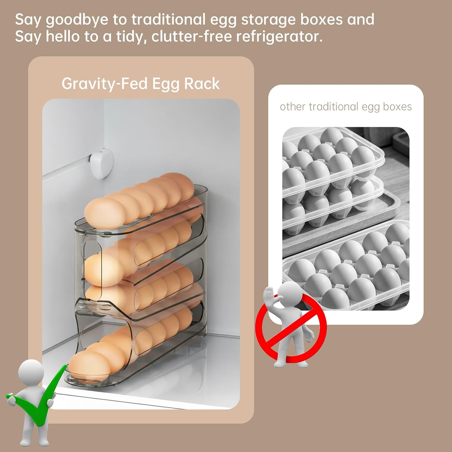 2 Pack Egg Holder for Fridge, 4 Tier Auto Rolling Egg Dispenser, Space Saving Egg Organizer Rack Holds 25–30 Eggs, Clear Gray Egg Storage Container for Refrigerator or Kitchen Countertop