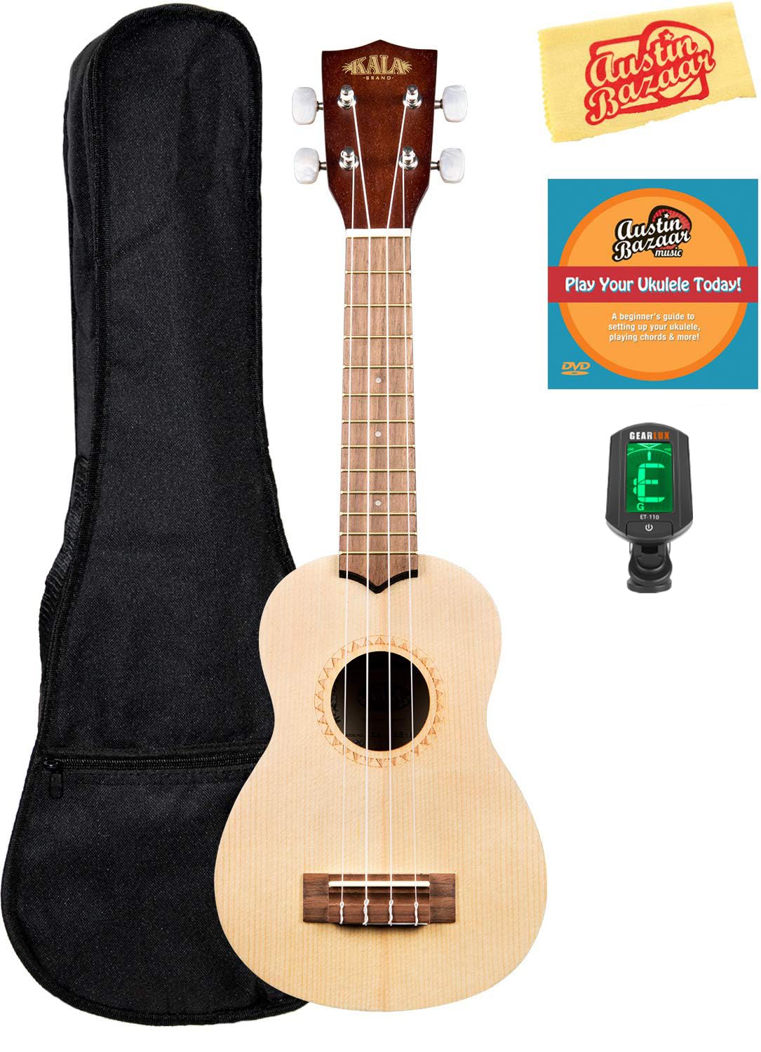 KA-15S-S Satin Spruce Soprano Ukulele Bundle with Gig Bag, Tuner, Austin Bazaar Instructional DVD, and Polishing Cloth