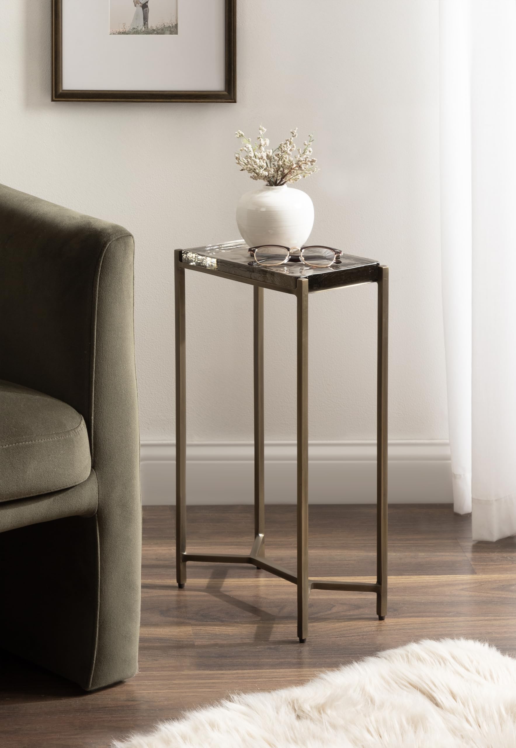 Kate and Laurel Aguilar Modern Glam Slim Side Table; 12 x 7 x 22; Clear Glass and Antique Brass; Decorative Narrow End Table for Use as Skinny Bedroom Nightstand or Living Room Accent