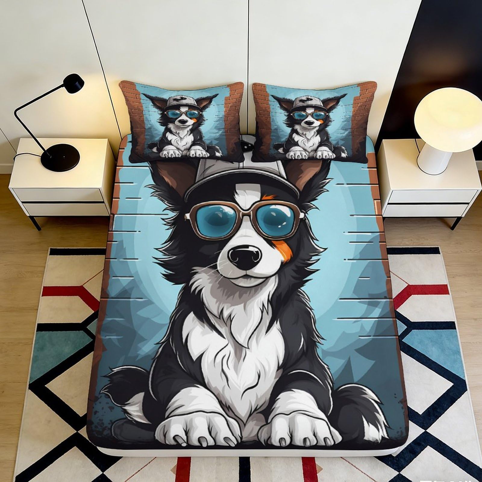 3D Printed Cool Dog Cartoon Fitted Sheet Microfiber Soft Breathable Graffiti Style Mattress Cover for Bedroom Dorm Decor 140x200x25cm